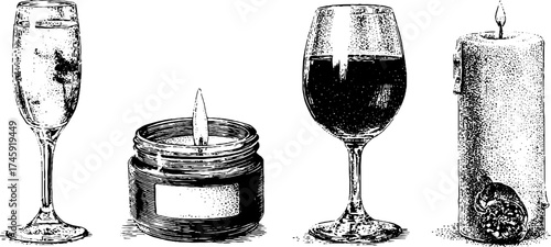 Elegant glass goblets and candle ornaments - set of four isolated objects for decoration and design