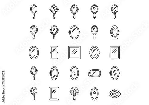 Reflection and Vanity: Vector Mirror Icon Collection, 25 Outline Icons of Mirrors in Black and White, Diverse Mirror Shapes and Styles Line Art Icon Set