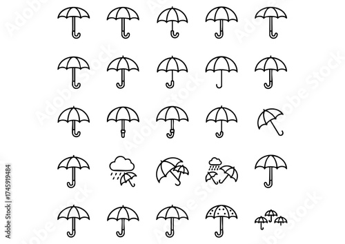 Vector Umbrella Icon Collection: 25 Black and White Weather Symbols, Rain Protection and Shade Line Art Icons Set, Diverse Outline Umbrella Icons for Weather and Travel