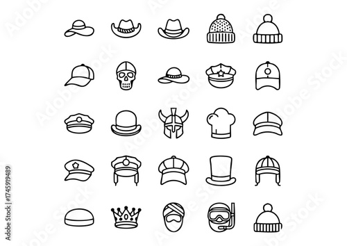 Vector Headwear Icon Set: 25 Black and White Caps, Diverse Collection of Cap and Hat Line Art Icons, Hats and Headwear: Outline Vector Icon Collection