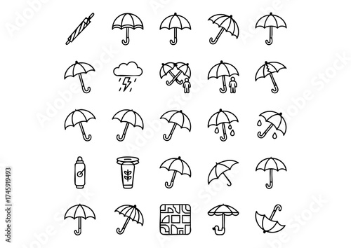 Vector Umbrella Icon Collection: 25 Black and White Weather Symbols, Rain Protection and Shade Line Art Icons Set, Diverse Outline Umbrella Icons for Weather and Travel