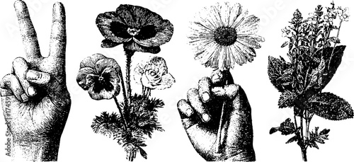 Hands holding flowers collection featuring stipple and dotwork techniques for artistic design