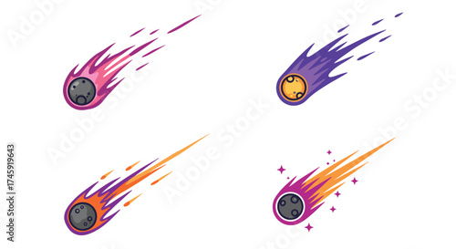 Colorful cartoon comets with fiery trails are visually displayed here
