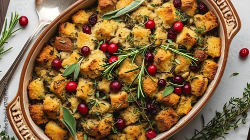 Festive bread stuffing artfully arranged in a ceramic dish adorned with cranberries and herbs perfect for holiday dinners