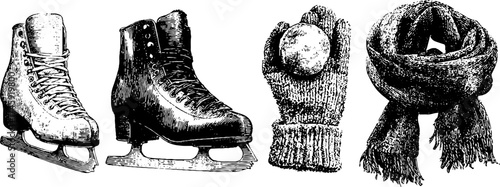 Winter essentials: ice skates, mittens, and scarf collection for seasonal design