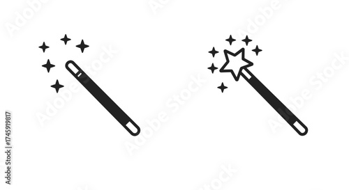 Simple black and white illustration featuring two magic wands with sparkles