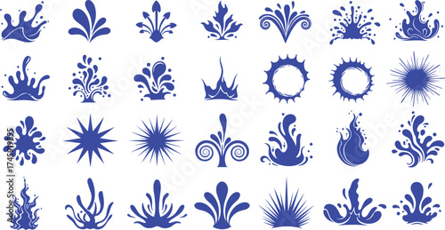 Collection of stylized water splash and burst vector graphics in various shapes and forms for design
