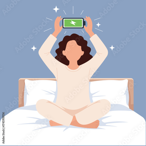 A woman in pajamas wakes up on her bed feeling refreshed and fully charged after a good night's sleep, ready to start the day with full energy