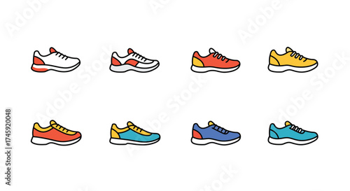 Colorful athletic shoes in various styles and designs outlined icons
