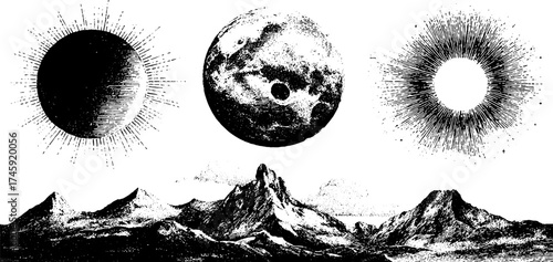 Celestial landscapes with light rays and halos for design