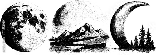 Lunar cartography with stippled moonscapes and scenes for design and print