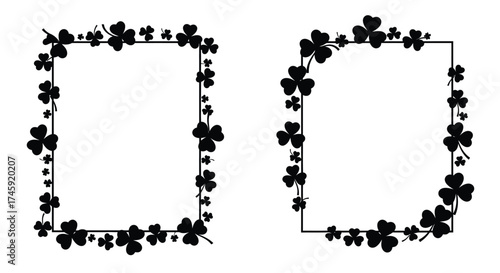 Two decorative square frames adorned with detailed black clover leaf patterns