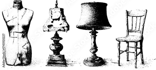 Vintage home decor set: mannequin, mirror, lamp, and chair with halftone effect for artistic design