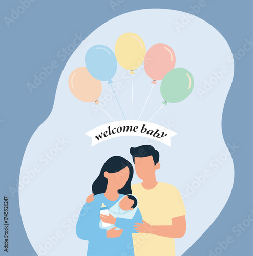A happy couple welcomes their newborn baby with love and celebration, symbolized by colorful balloons. This illustration portrays the joy of new parenthood