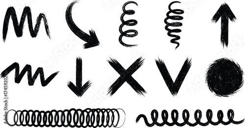 Set of Hand Drawn Black Grunge Design Elements, Arrows, Spirals, and Scribbles for Decor