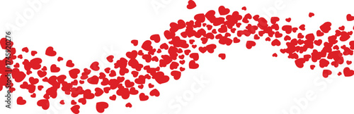 Abstract design featuring a flowing current of red heart confetti, symbolizing love, passion, and celebration on a white background
