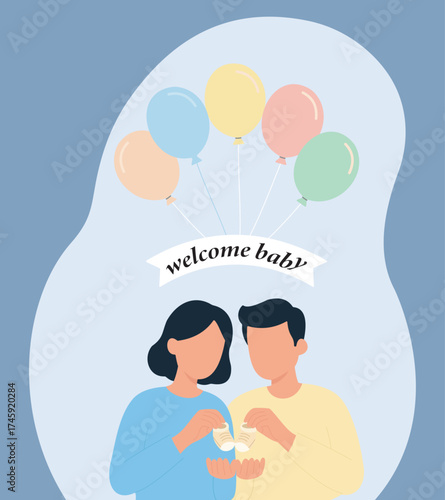 A couple holds tiny baby shoes under a "welcome baby" banner and balloons, joyfully anticipating their new arrival. A flat vector for a baby shower