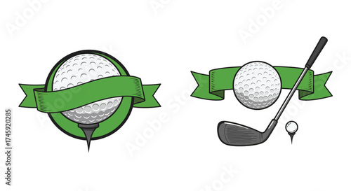 Golf elements illustration featuring balls tee club and decorative banners