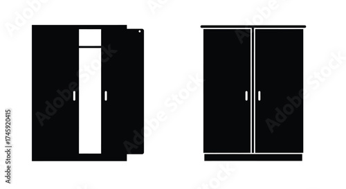 Black and white illustration of two modern wardrobe designs on white background