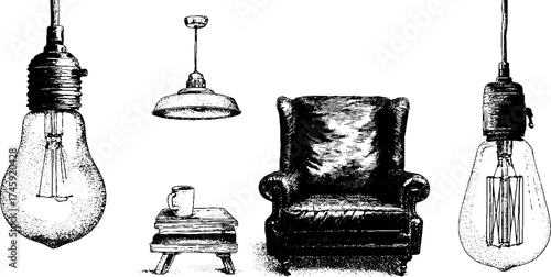 Minimalist vintage furniture and lighting set featuring concrete and etching art design