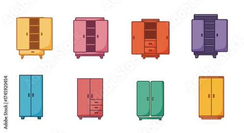 Colorful cartoon illustration depicting a variety of different styled wardrobes