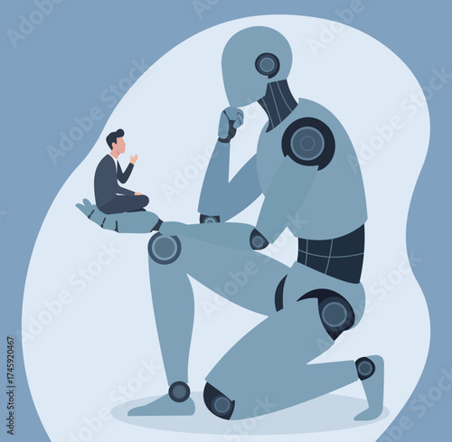 A giant thinking robot holds a tiny man, contemplating the relationship between artificial intelligence and humanity, its creator