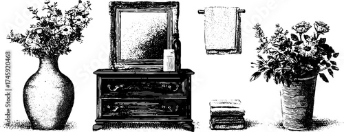 Vintage home decor: mirror, console table, vase, rug set for classic interior design