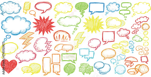 Colorful Speech Bubbles and Thought Clouds Doodle Elements Isolated on White Background for Design