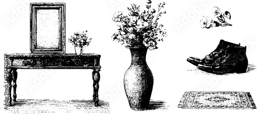 Vintage home decor elements: mirror, console table, vase, rug for interior design