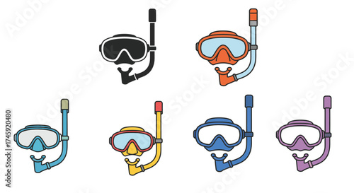 Colorful collection of snorkeling masks and breathing tubes isolated on white
