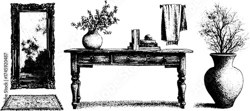 Vintage home decor: mirror, console table, vase, and rug for interior design