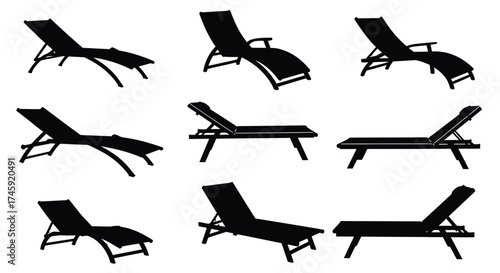 A collection of black silhouette lounge chairs in various perspectives shown