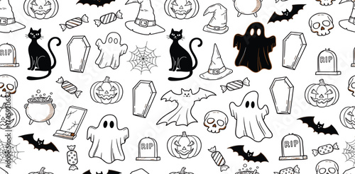 Spooky Halloween Pattern Featuring Ghosts, Black Cats, Bats, Pumpkins, and Spider Webs