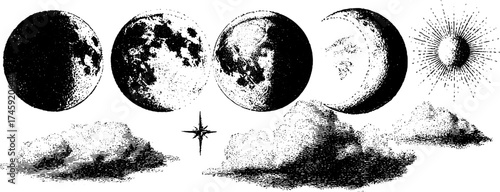 Lunar phases with clouds and star in vintage stipple dotwork style