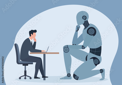 A businessman and a large robot sit together in a thinking pose, symbolizing the collaboration and future of human-AI partnership in business and technology