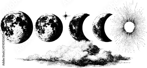Phases of the moon and celestial elements for design and decor