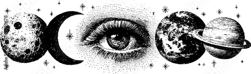 Celestial and cosmic elements with eye in vintage stipple style for design