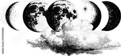Phases of the moon with star and cloud in detailed dotwork design
