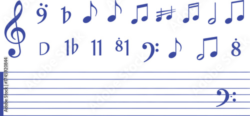 A comprehensive collection of fundamental musical notation symbols and elements, including various notes, clefs, and time signatures, presented on a blank staff for composition and learning