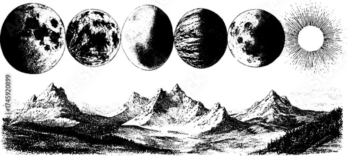 Phases of the moon and mountain range in detailed dotwork style for design projects