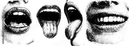 Expressive open lips and tongue set with scream, smile, and kiss for retro design