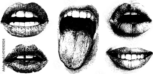 Expressive open lips and tongue with dotwork technique for unique designs
