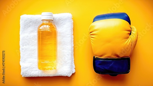 Refreshment and Readiness With Water Bottle, Boxing Glove, and Towel on Bright Surface