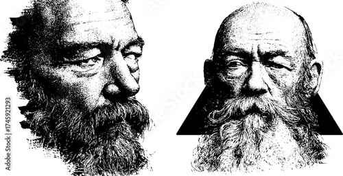 Vintage engraving of bearded profiles in geometric shapes for design projects