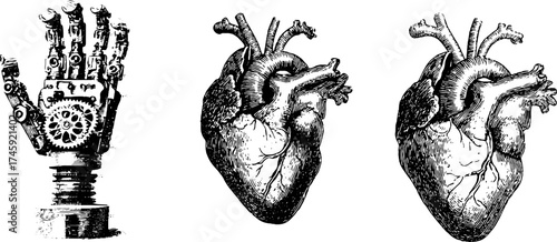 Robotic hand and human heart illustrations with mechanical gear elements for design and decoration