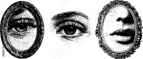 Set of three mirrors with intricate dotwork design featuring eye and lips