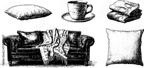 Detailed textile and home decor objects with vintage dotwork effect