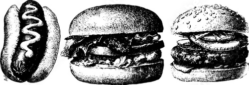 Vintage food selection: hot dog and burgers in halftone style