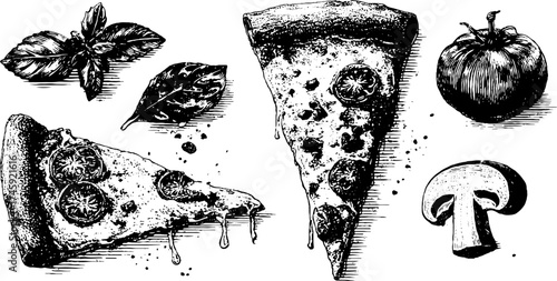 Assorted pizza ingredients and slices in vintage stipple style for culinary art