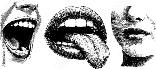 Expressive lips and emotions: smile, scream, kiss, and tongue in vintage etching style